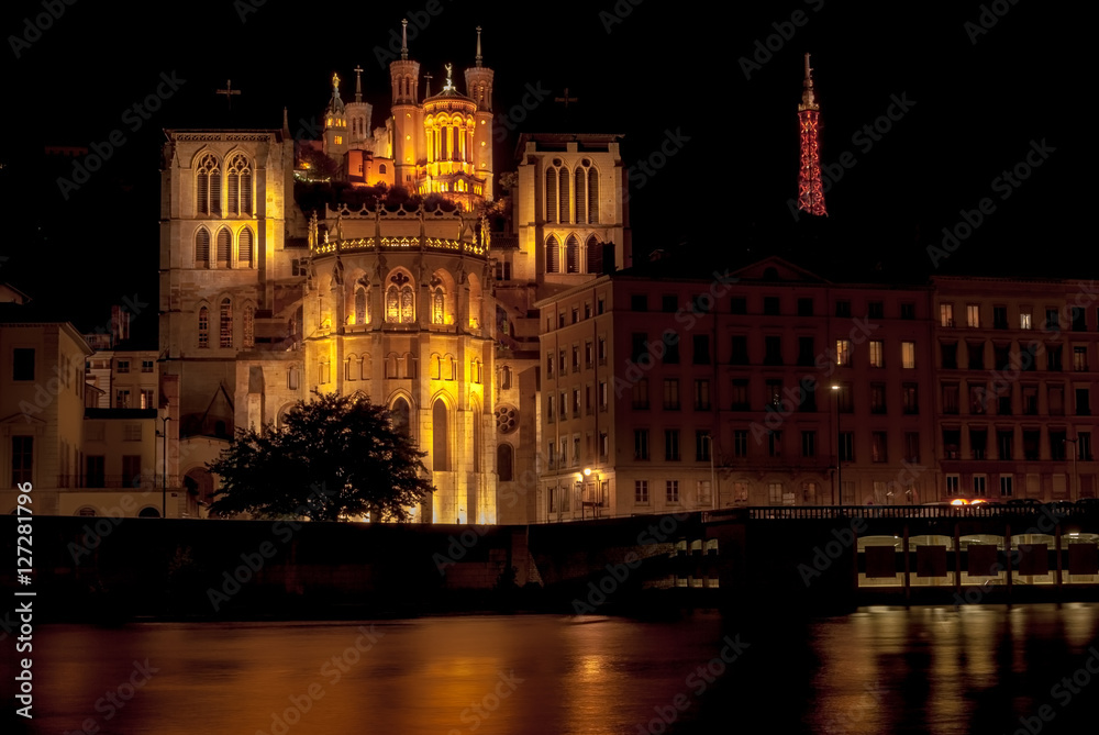 Cathedral St Jean Baptiste and Basilica Notre Dame in Lyon at night, France