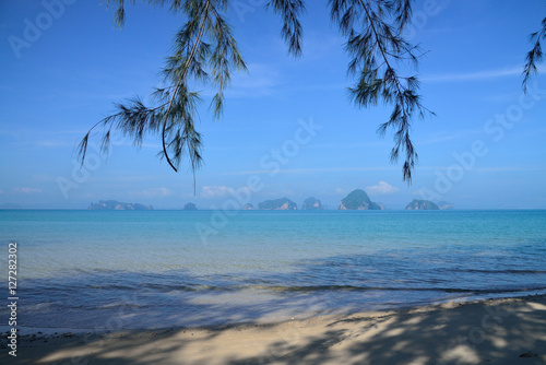 Beautiful white sand and blue sea of Thailand with many islands  view from Tub Kaek beach  Krabi