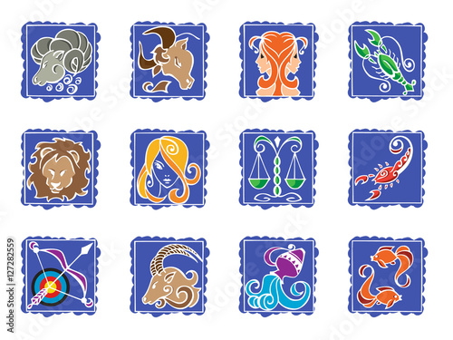 Zodiac horoscope set. Colored zodiac horoscope set. Twelve isolated squared horoscope sign symbols.