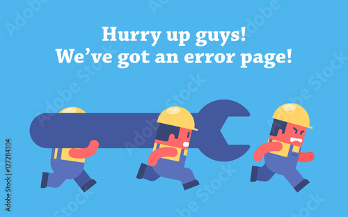 Error page design. Funny cartoon workers running and carrying big spanner.