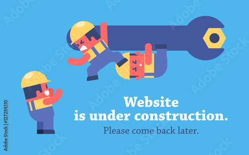 Page under construction design. Funny cartoon workers repairing website using huge spanner.