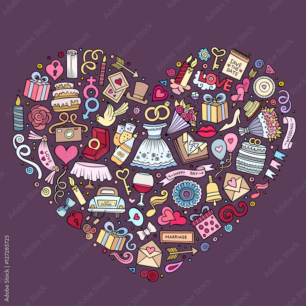 Fototapeta premium Set of Wedding cartoon doodle objects
