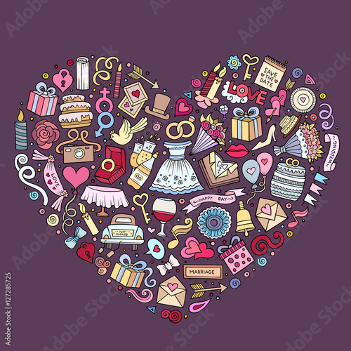 Set of Wedding cartoon doodle objects