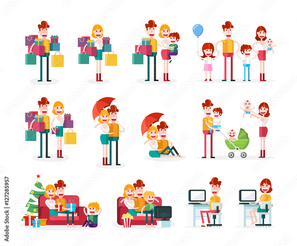 Family and Couple Scenes. Isolated Flat Vector Illustration on White Background.