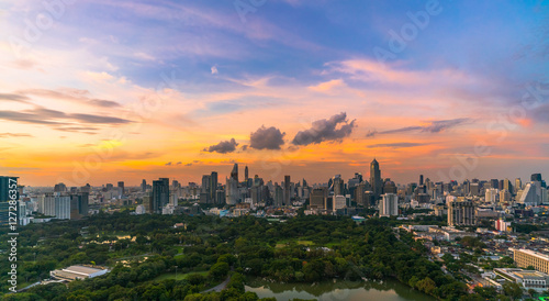 Bangkok city at sunset, Mahanakorn tower, Silom area, Thailand 