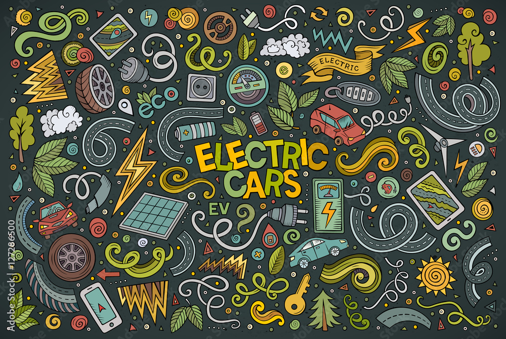 Colorful vector doodle cartoon set of Electric cars objects