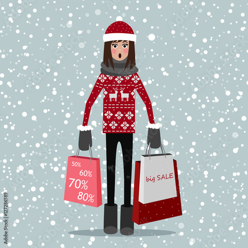 The girl holds packages. Surprised shopper on snowy background.  Big Sale. Vector illustration in flat style Girl with Santa hat and christmas sweater.