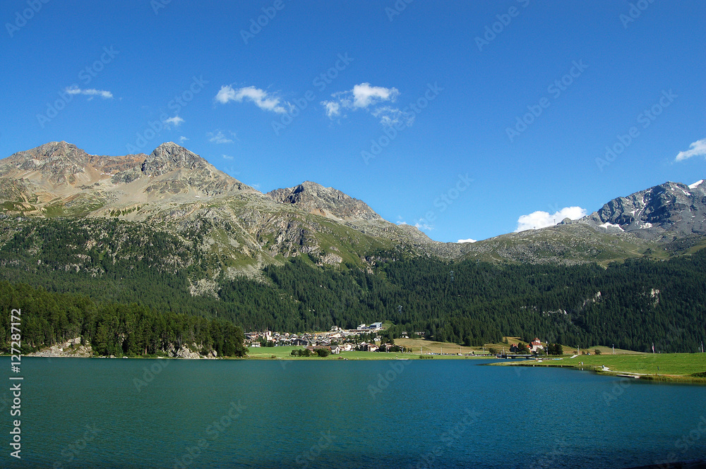 Silvaplana Lake (Silvaplanersee) and Swiss Alps near Saint Moritz. Engadine, Switzerland 