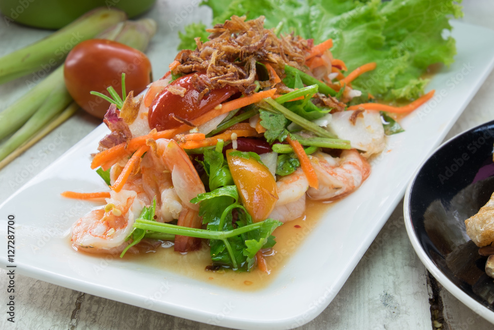 Spicy salad , shrimp and mix vegetable. Spicy salad , shrimp and mix vegetable.