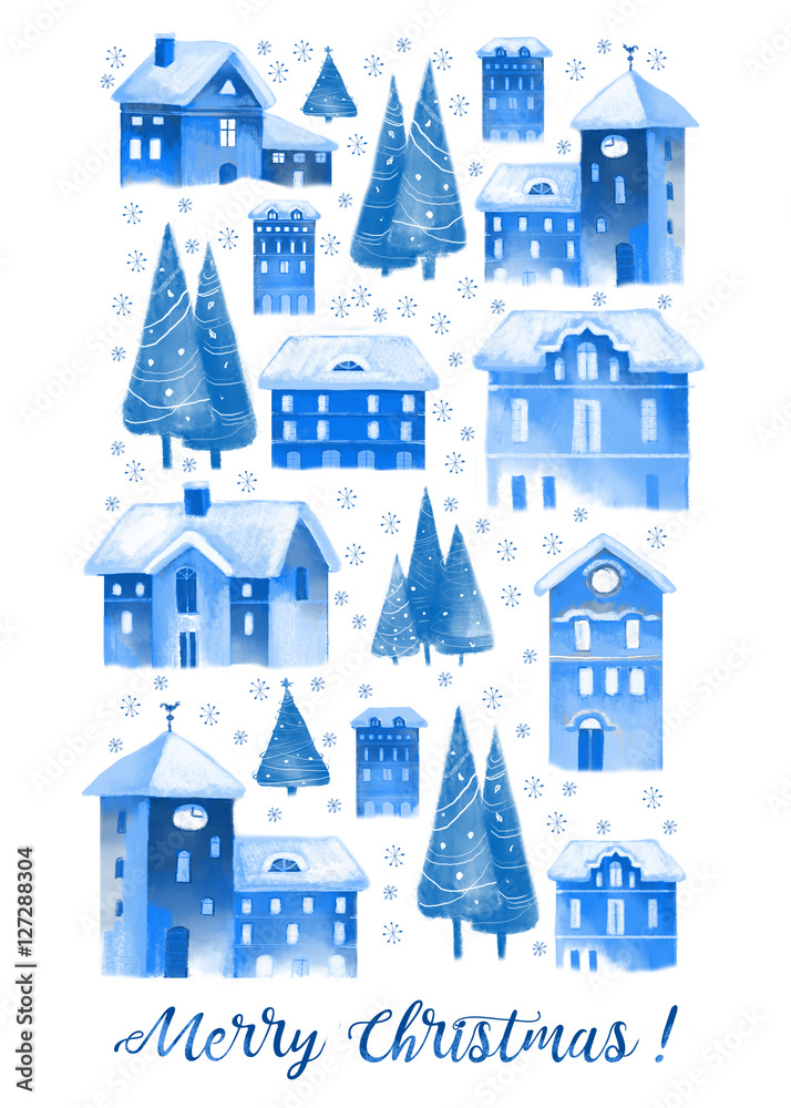 Christmas watercolor greeting card. Winter christmas houses in old city.