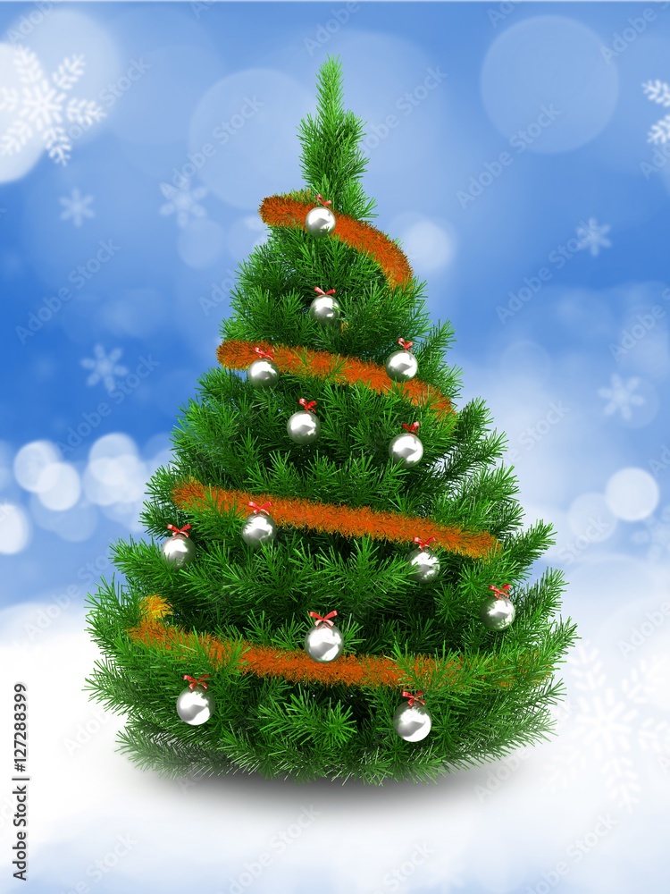 3d illustration of green Christmas tree over snow background with orange tinsel and metallic balls 3d illustration of green Christmas tree over snow background with orange tinsel and metallic balls