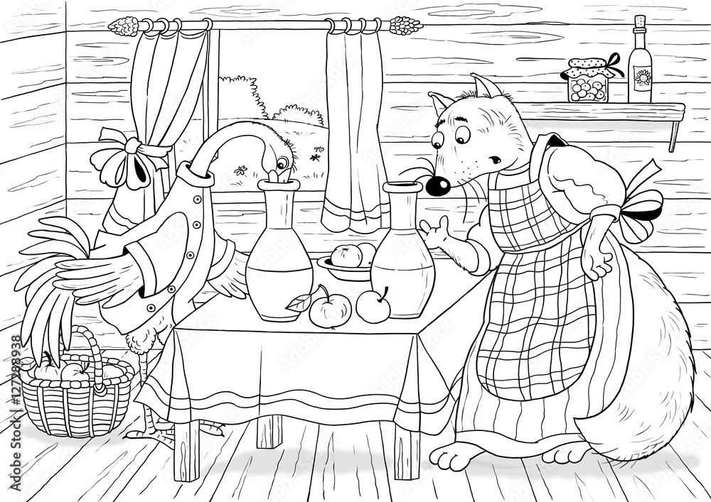 The fox and the stork. Russian fairy tale. Illustration for children. Coloring page
