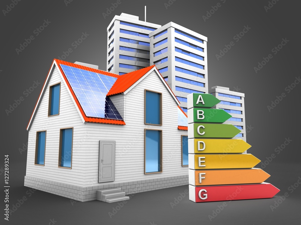 3d illustration of modern house over gray background with city and efficient ranks 3d illustration of modern house over gray background with city and efficient ranks