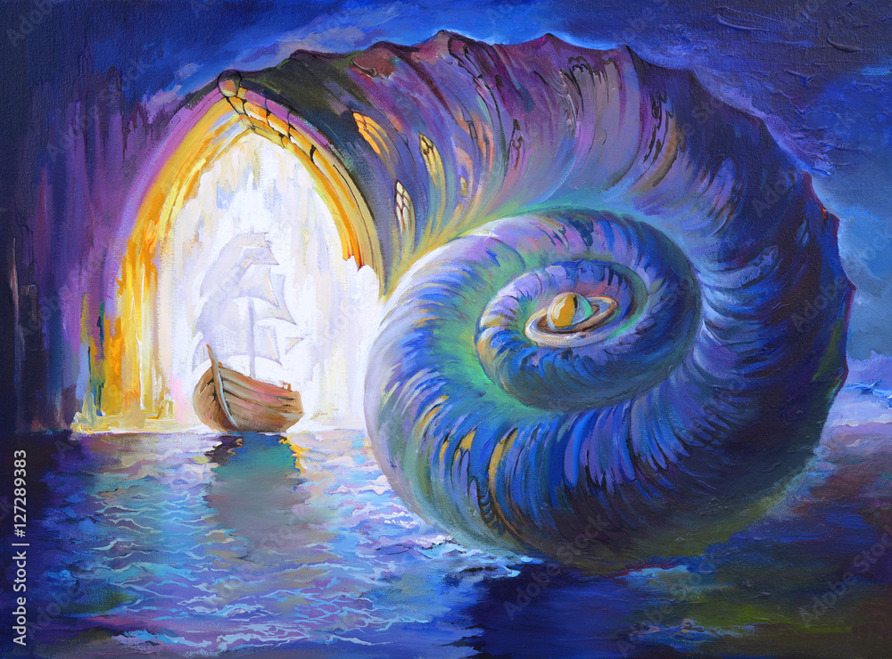 Fototapeta Miracle of evolution way. Fantastic fairyland seascape. Oil painting on canvas.