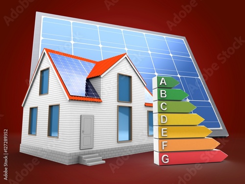 3d illustration of modern house over red background with solar panel and efficient ranks