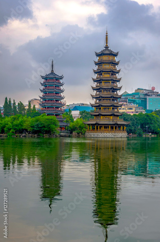 Two pagodas of Sun and Moon  Guilin  China