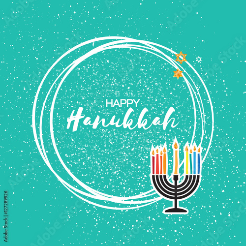 Hanukkah menorah with burning candles and gold glitter David star.