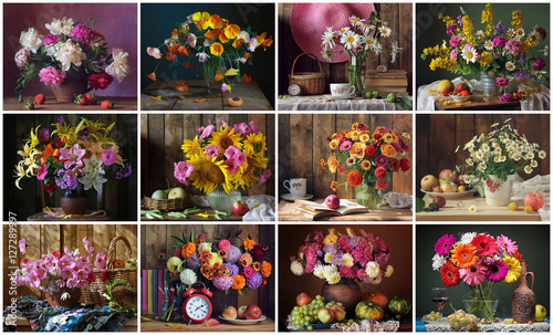 Set for a calendar of twelve still lifes with flowers.