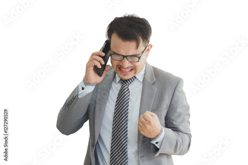 Businessman wearing suit and talking modern smartphone, employer