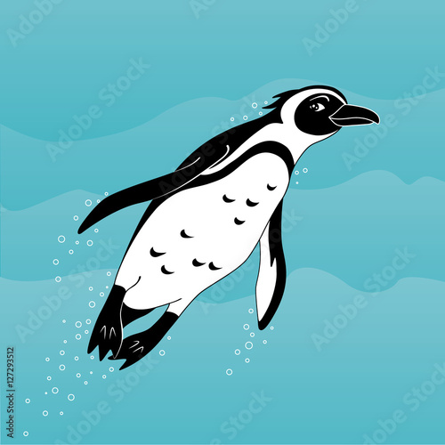 Cute cartoon african penguin swimming in the sea.