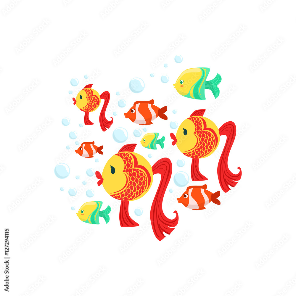 Schoold Of Fantastic Tropical Fishes: Goldfishes, Yellow And Stripy Red Coral Fishes
