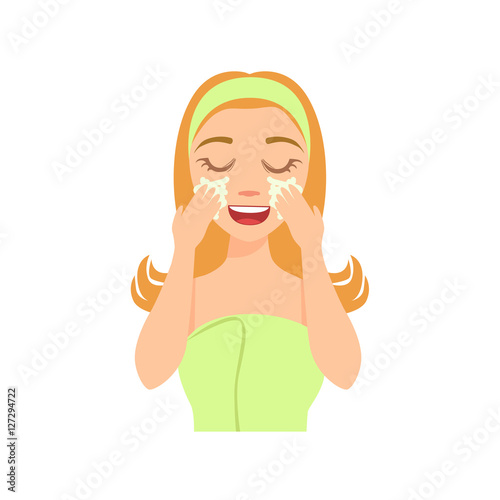 Girl Washing Her Face With Special Skincare Soap, Woman With Closed Eyes Doing Home Spa Procedure Illustration
