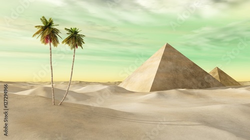 pyramids in the desert. desert and palm trees.