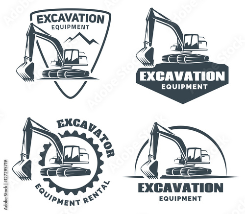 Set of excavator logos, emblems and badges isolated on white background. Constructing equipment design elements. Heavy excavator machine with shovel.