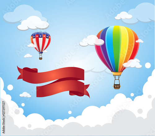 Hot air balloon in the sky with red banner ribbon cloud background