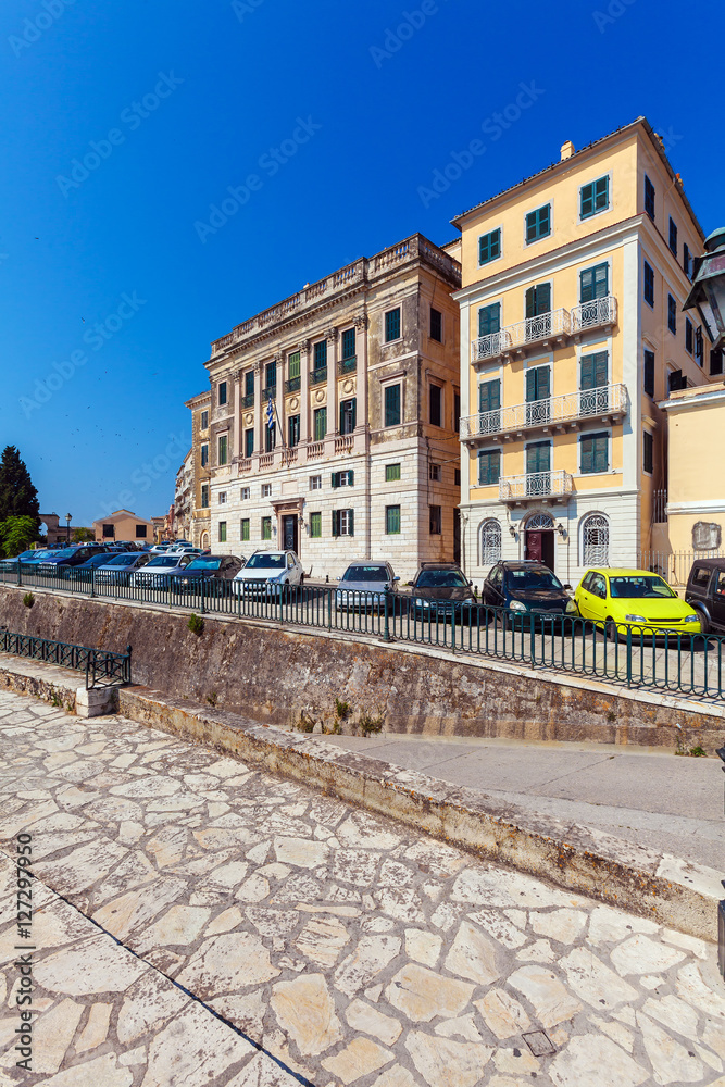 Shopping street of the old city with ancient houses, Corfu