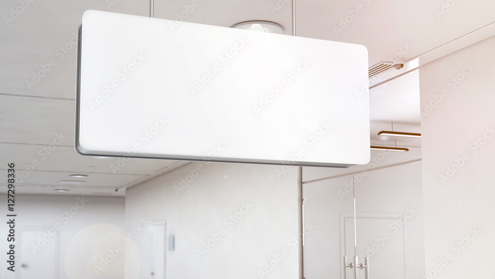 Blank white light signage mockup hanging on ceiling, clipping path, 3d rendering. Empty lightbox mock up near office and store doors. Navigtion plastic illuminated sign template top mounted. Blank white light signage mockup hanging on ceiling, clipping path, 3d rendering. Empty lightbox mock up near office and store doors. Navigtion plastic illuminated sign template top mounted.