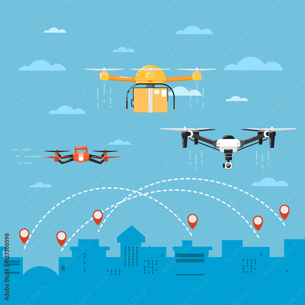 Drone technology banner with remotely controlled flying robots vector illustration. Multicopter delivery concept. Unmanned aerial vehicle. Drone aircraft with camera. Modern flying device.