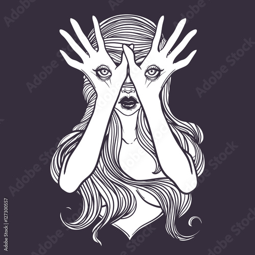 Mysterious monster girl with eyes on the hands. Hand drawn vector illustration. Tattoo style. 