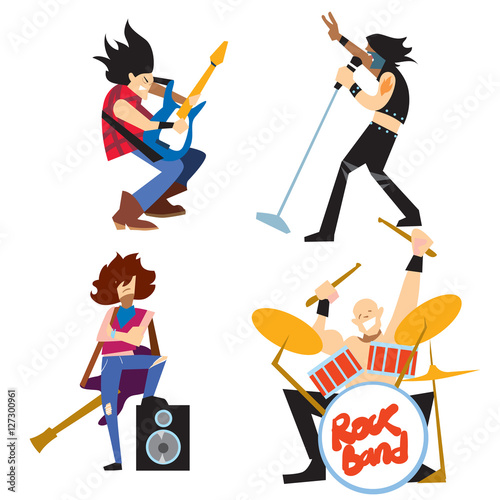 Rock band, music group with musicians concept of artistic people vector illustration. Singer, guitarist, drummer, and bassist isolated characters performing. Rock star concept in flat design.
