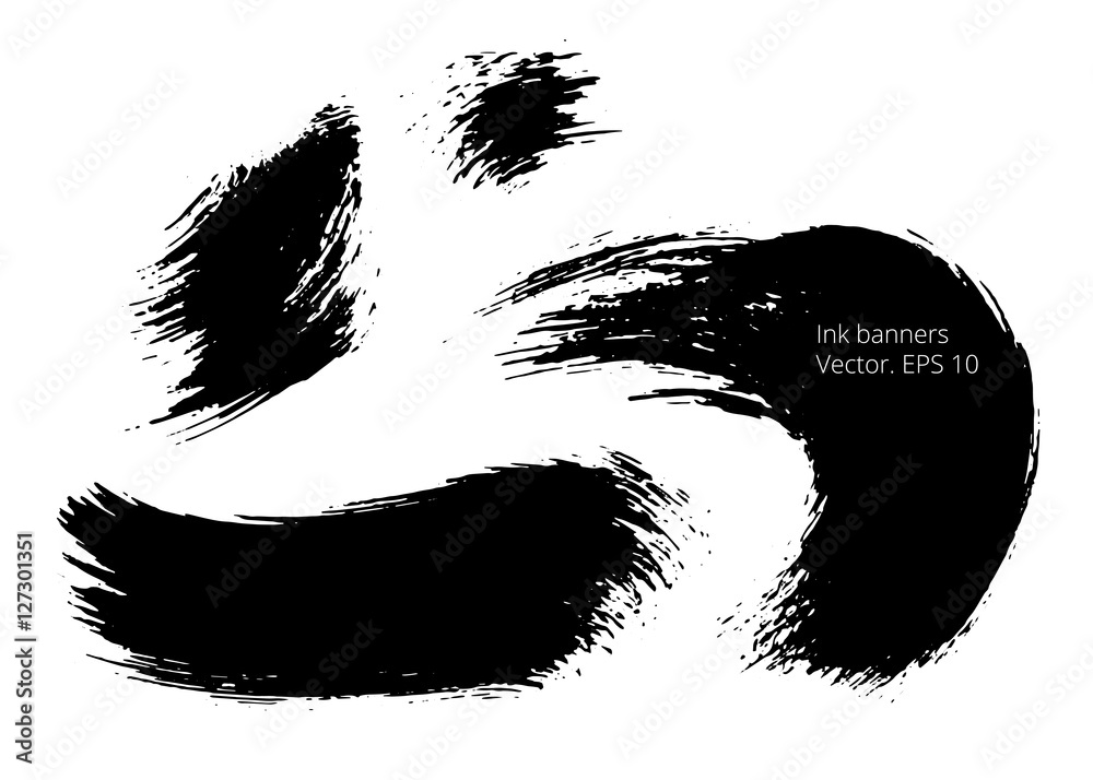 Set of black hand drawn banners, abstract creative textures made with ink. Brush strokes.Vector. EPS 10. Grunge illustrations. Black spots template. Collection freehand shapes.