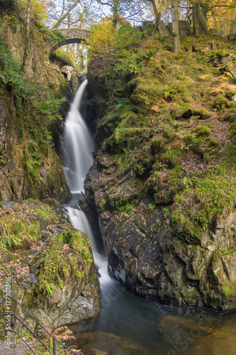 Flowing tall waterfall with stone bridge  Aira Force  Lake District  UK.