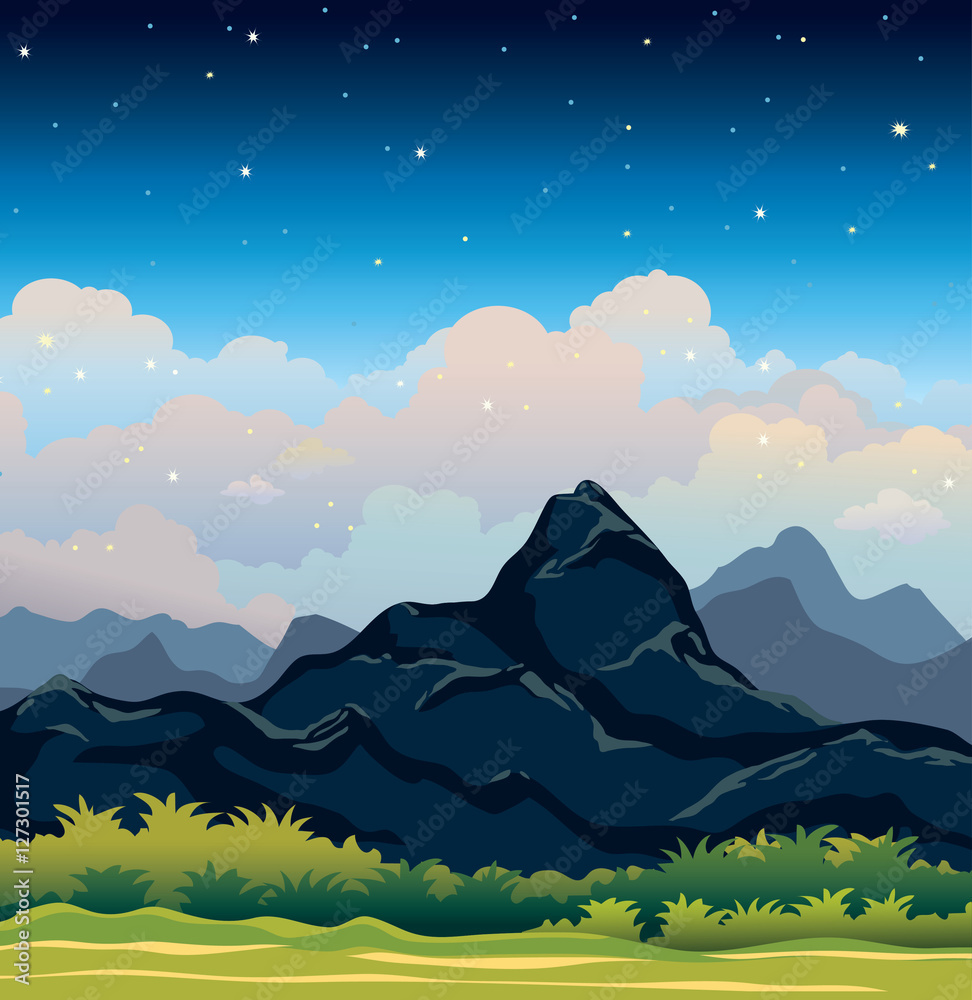 Summer landscape - night sky and mountains.