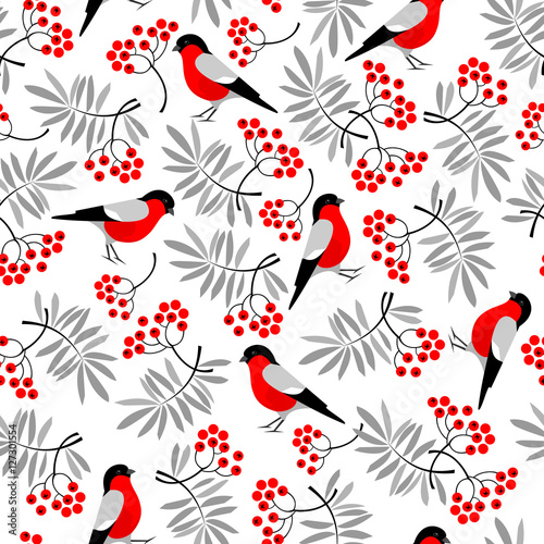 Bullfinch birds seamless pattern with Mountain ash leaves and berries. Merry Christmas collection background. Natural winter texture. Vector illustration