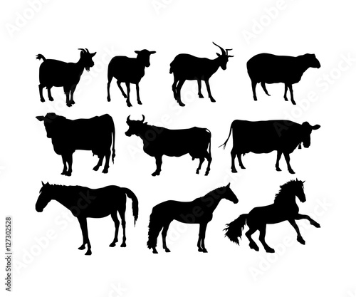Fototapeta Naklejka Na Ścianę i Meble -  Vector farm animals silhouettes Livestock Goat Sheep Cow Horse Set Icon Logo Design