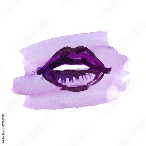 Purple paint stain with beautiful purple woman lips painted in watercolor on clean white background