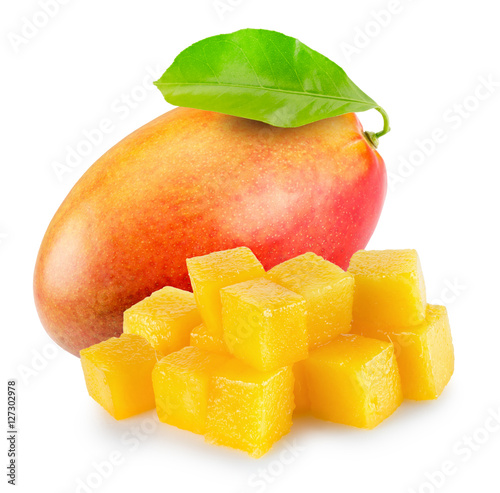mango with cube slices isolated on the white background