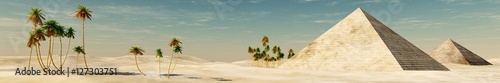 panorama of the pyramids in the desert. desert and palm trees.