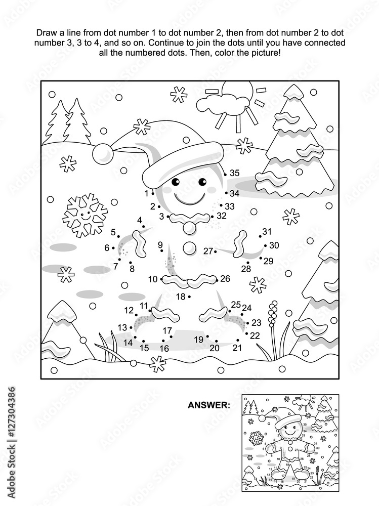 New Year or Christmas themed connect the dots picture puzzle and coloring page with gingerbread man. Answer included.