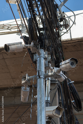 Photography CCTV camera security and the chaos of cables and wires on every street in Bangko