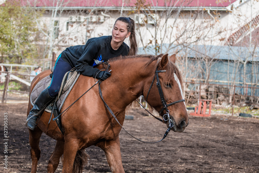 Young beautiful brunette girl rides a horse on a warm and sunny autumn day. Portrait of a pretty young woman on the horse, wearing tall boots and gloves. Young beautiful brunette girl rides a horse on a warm and sunny autumn day. Portrait of a pretty young woman on the horse, wearing tall boots and gloves.