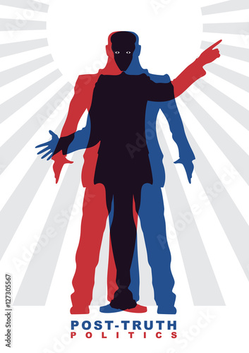 Vector illustration of Post-truth politics. Two male silhouettes in suits, who constitute the other silhouettes. Concept of social theme.