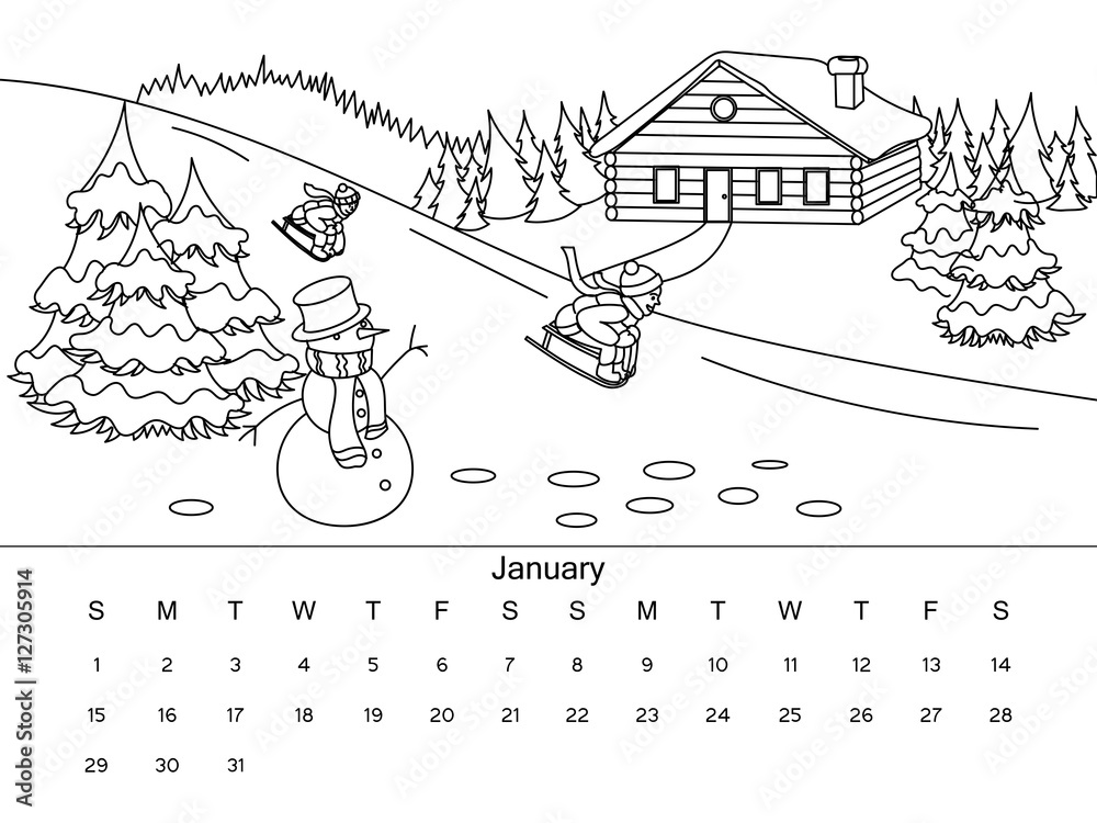 Calendar with coloring book vector illustration Stock Vector | Adobe Stock