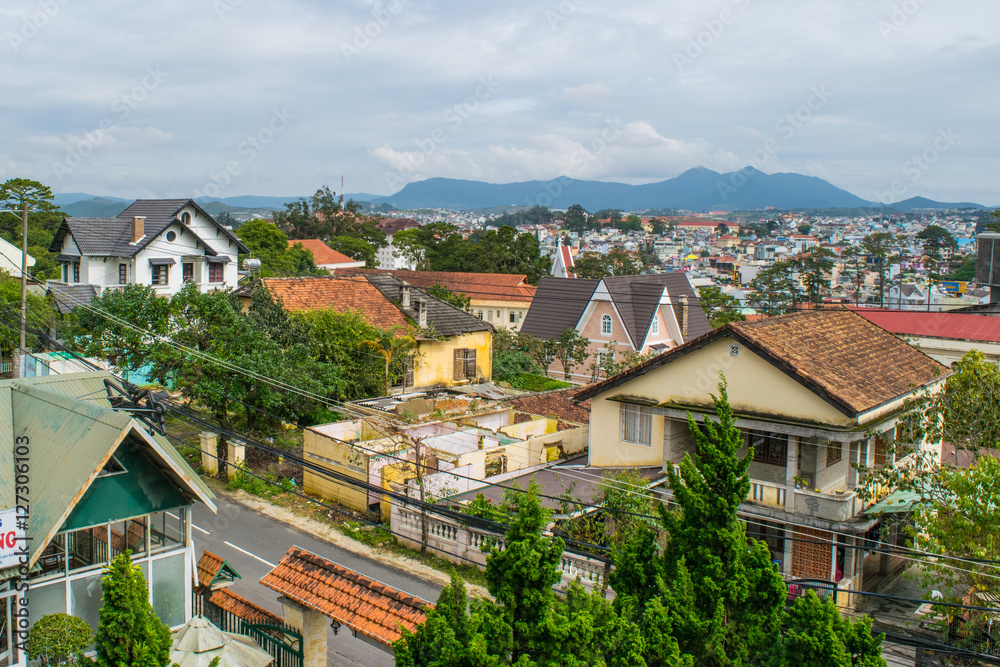 Roofs of Da Lat mountain city view, Vietnam