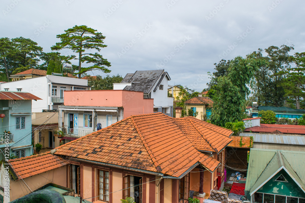 Roofs of Da Lat mountain city view, Vietnam