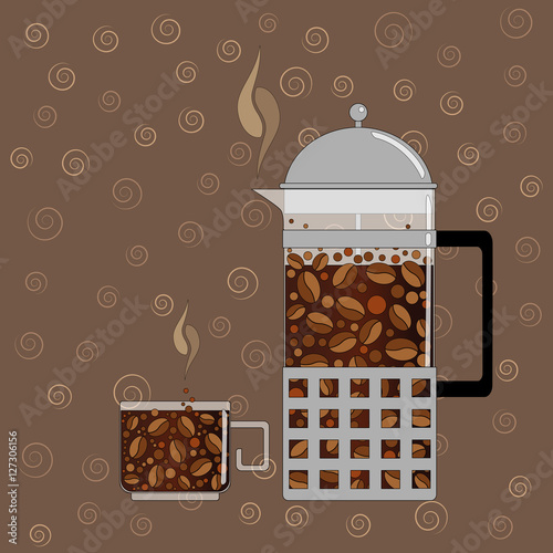 Coffee set. Vector illustration consisting of the French press a